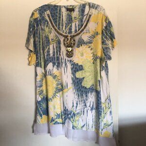 Multiples Short Sleeve Beaded Tunic Yellow, Blue, Ivory, Asymmetrical Hem XL